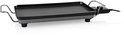 Zwarte grillplaat met metalen handvatten. De plaat is 46x26 cm, heeft een uitneembare thermostaat met snoer en vier zwarte pootjes.