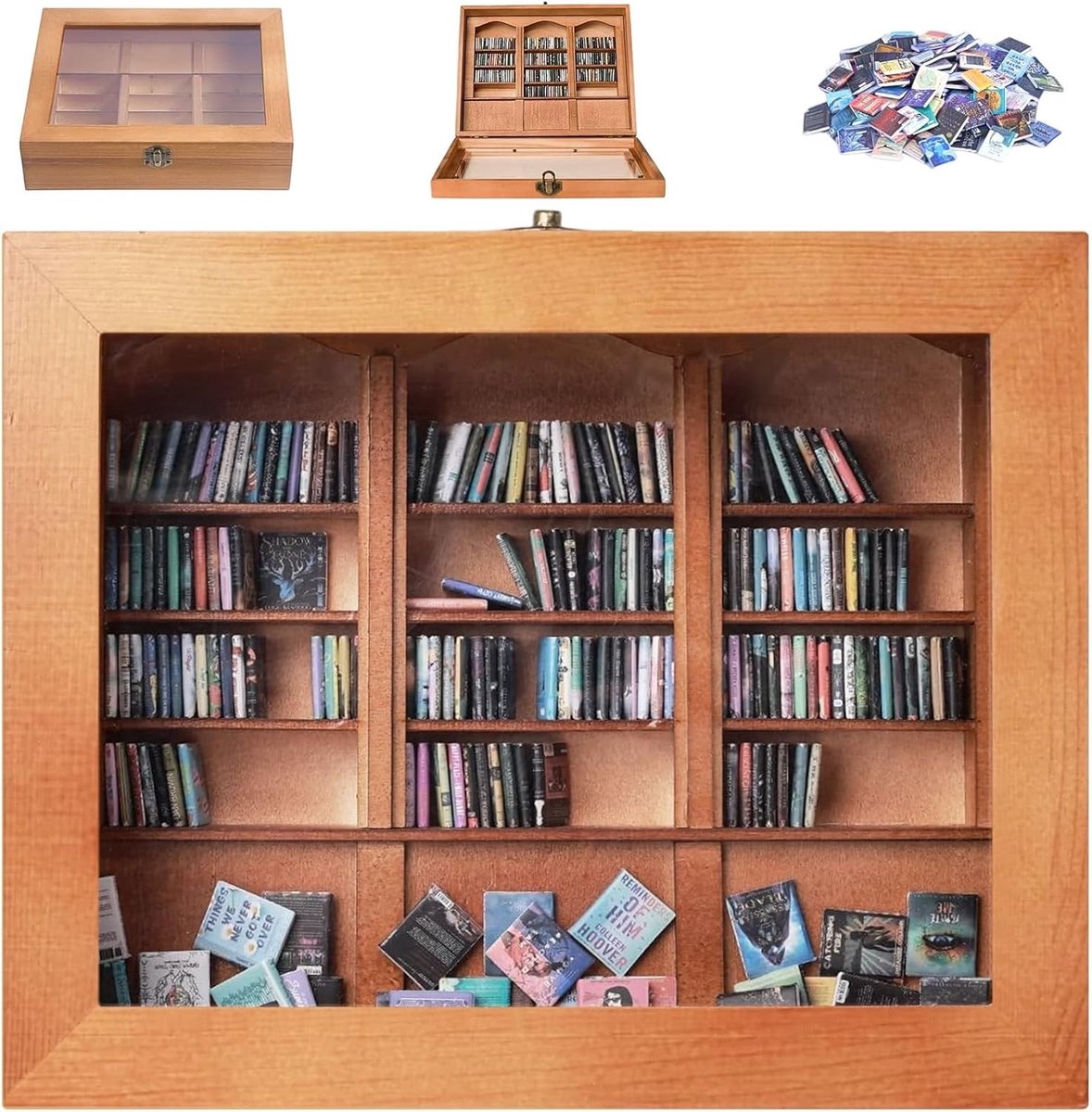 Miniatuur Boekenplank met 200 Boeken, Houten Decoratie voor Stressverlichting en Sfeervolle Interieur, Perfect voor Woonkamer en Kantoor