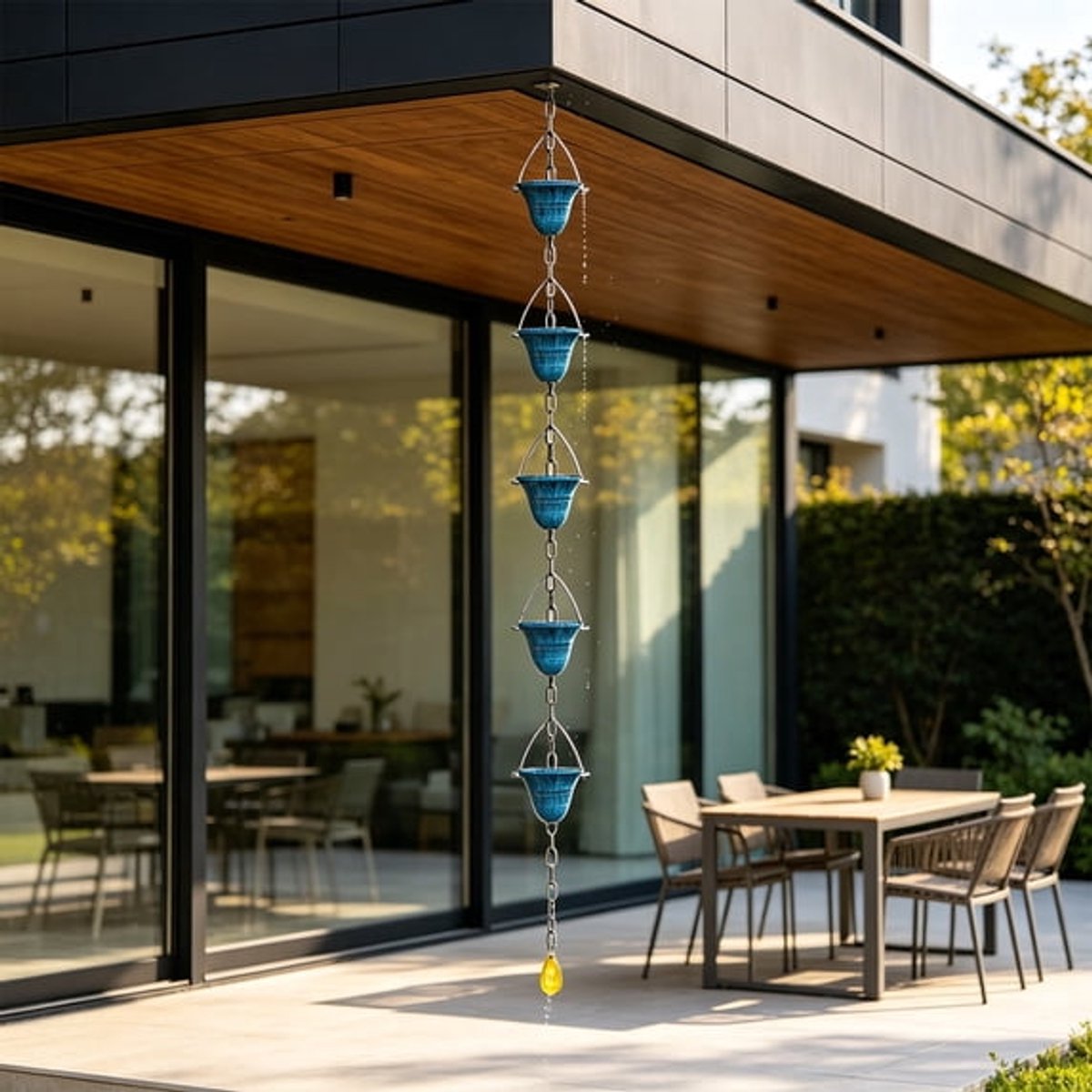 Ulisem - Regenketting - Metalen regenketting met decoratieve bekers - 121.5 cm lang - Blauwe kleur - Met insecten en dierfiguren - Vervangt regenpijp - Voor tuin en terras - Klinkt als windgong - Roestvrij - Cadeau voor tuinliefhebbers - Blauw