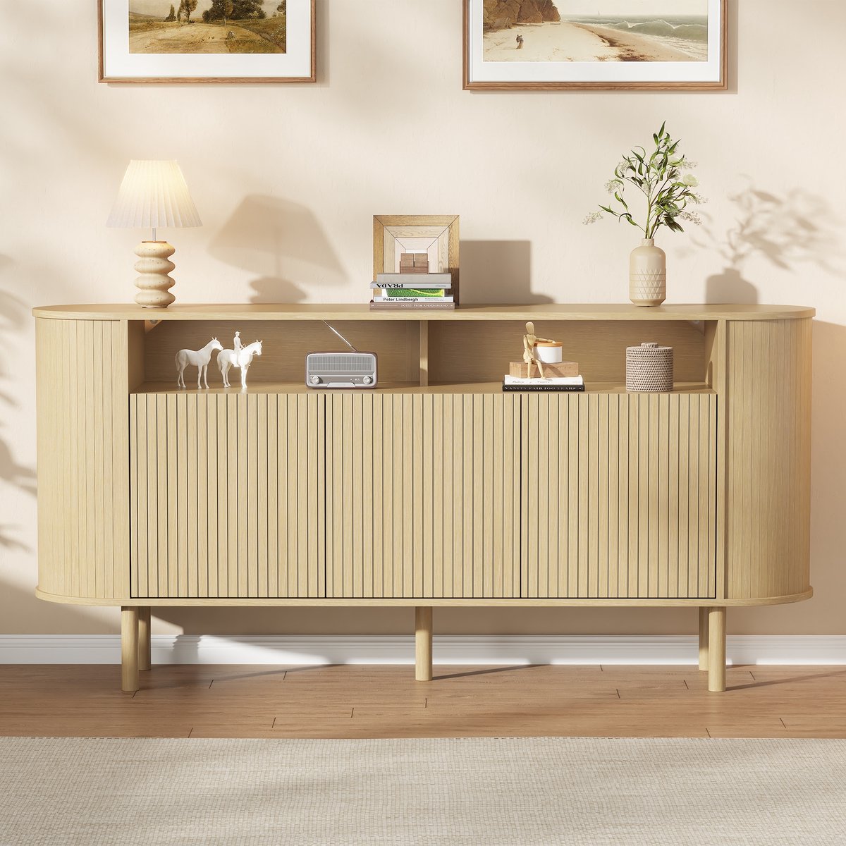 Sweiko Dressoir - Halmeubel - Drie deuren - Open plank - Houten poten - 160 x 40 x 78.5 cm - Natuurlijke houtkleur