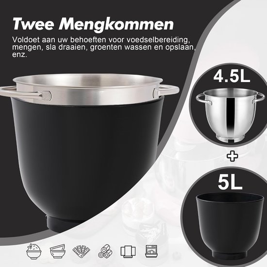 Keukenmachine Standmixer - Elektrische Mixer - Bakken en Koken - Dubbele Mengkom - 4.5L + 5L - Zwart — afbeelding 3
