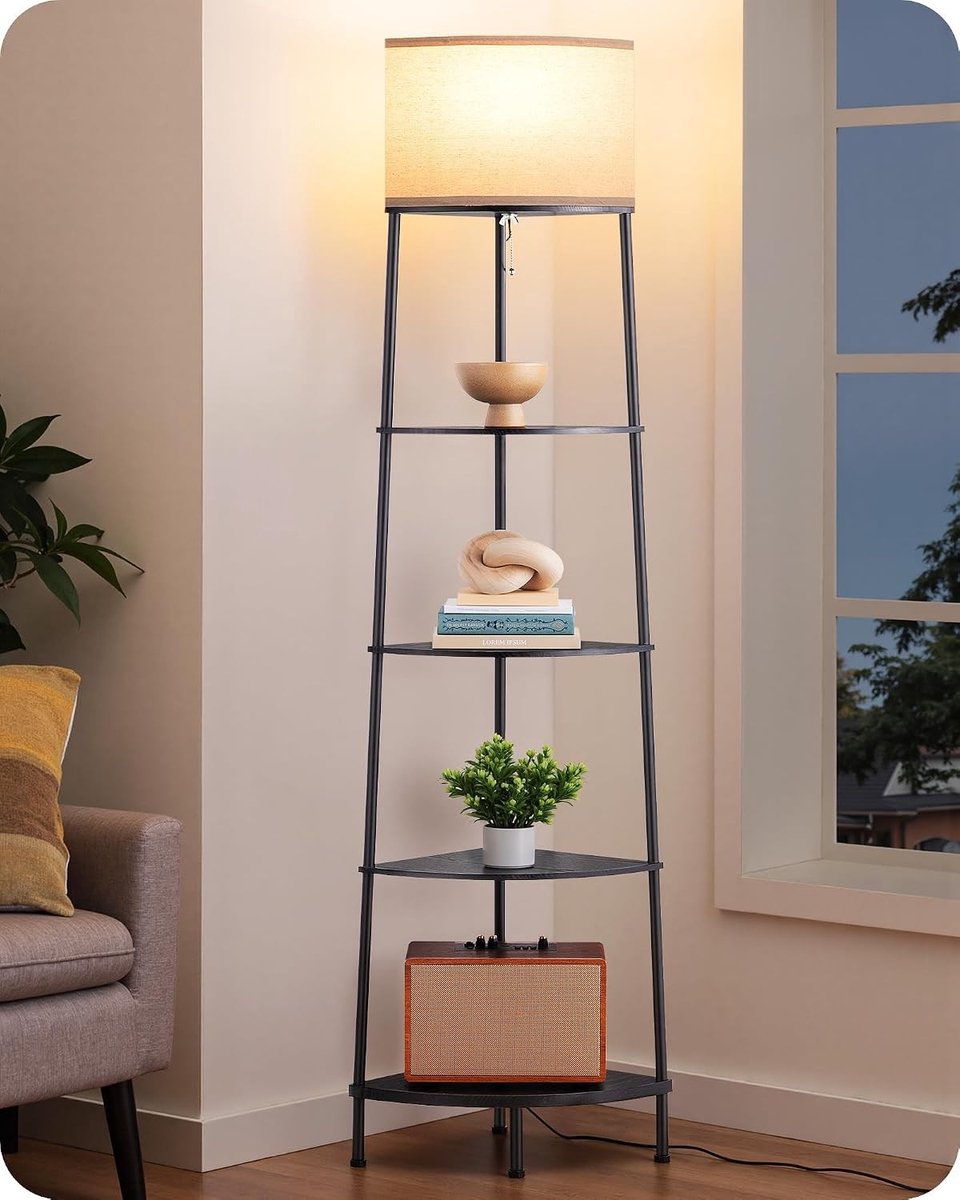 Stijlvolle Vloerlamp met Plank en Linnen Lampenkap, 2700K Warm Wit Licht, 170 cm Hoog voor Woonkamer en Kantoor, Inclusief LED Lamp, Modern Design en Stevige Basis
