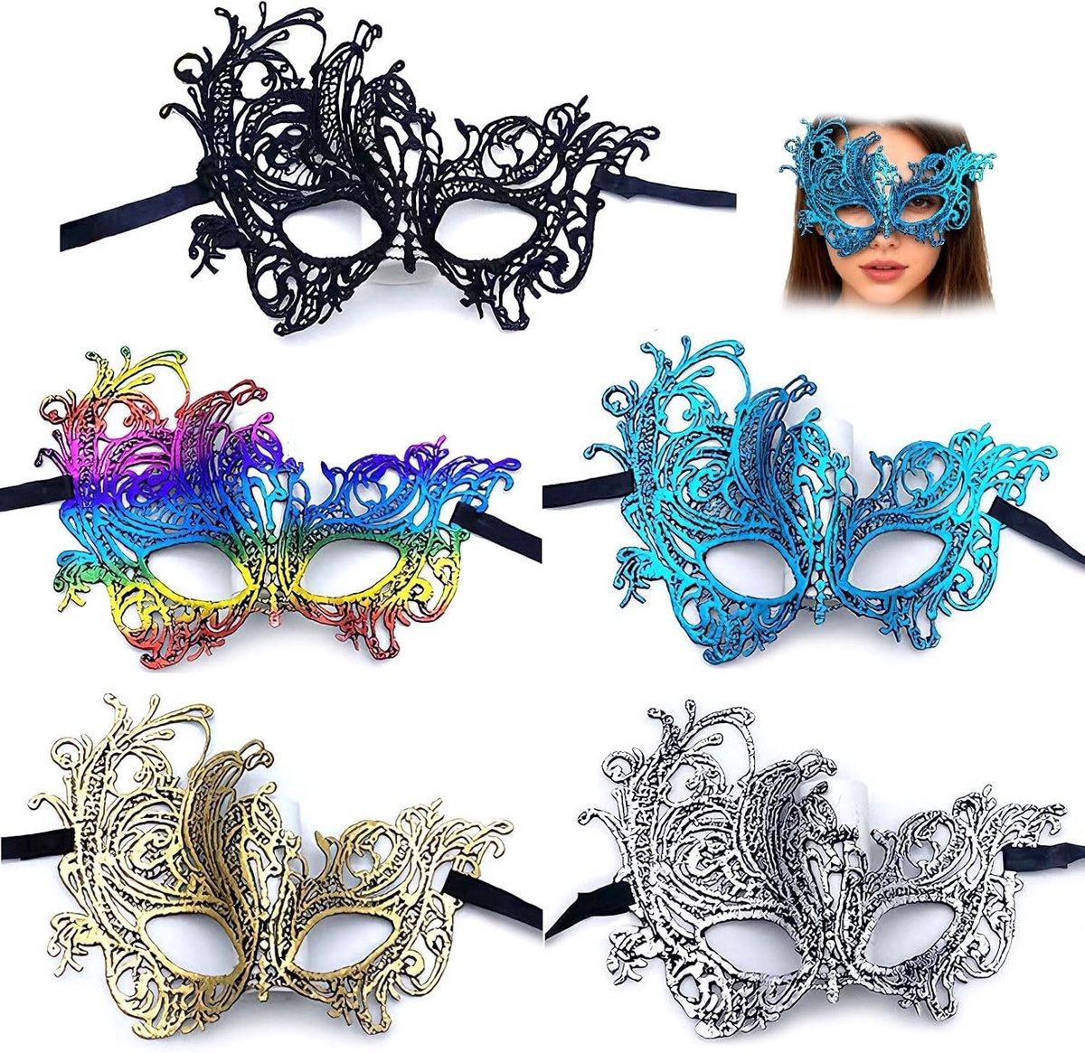 Vrouwelijke Lacemaskers Set van 5 - Zwart, Goud, Zilver, Blauw en Kleurrijk - Perfect voor Bal, Carnaval en Cosplay Feestjes, 21 x 16 cm