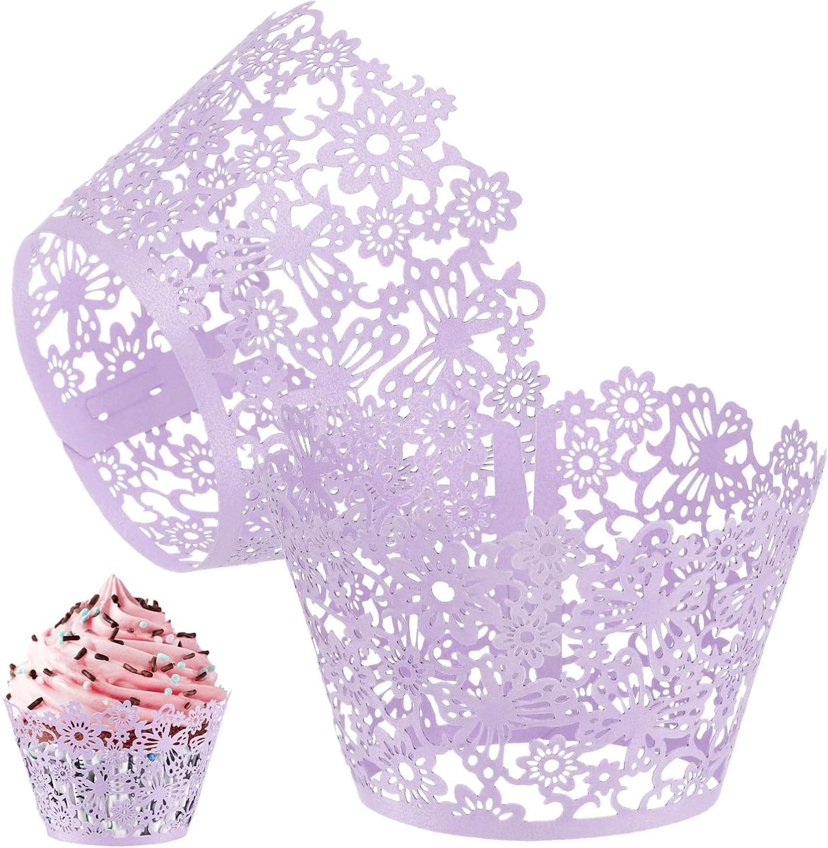 50 stuks cupcake-wikkels, parelmoer kunstpapier, gebloemde kant holle cupcake-voeringen voor bruiloft/verjaardagsfeestje decoratie, bakpapier voor cake [lichtpaars]