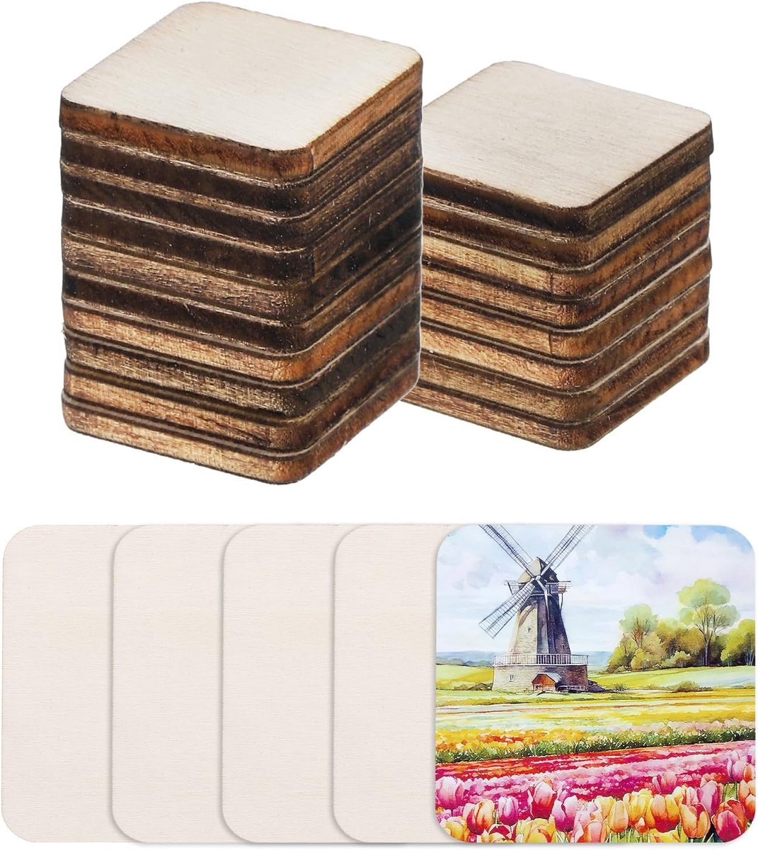Hout om te knutselen, 20 stuks, 2 cm, afgeronde vierkante houten schijven, decoratie om te beschilderen, voor bruiloft, doe-het-zelf knutselen, brandschilderen, cadeau, kerstversiering