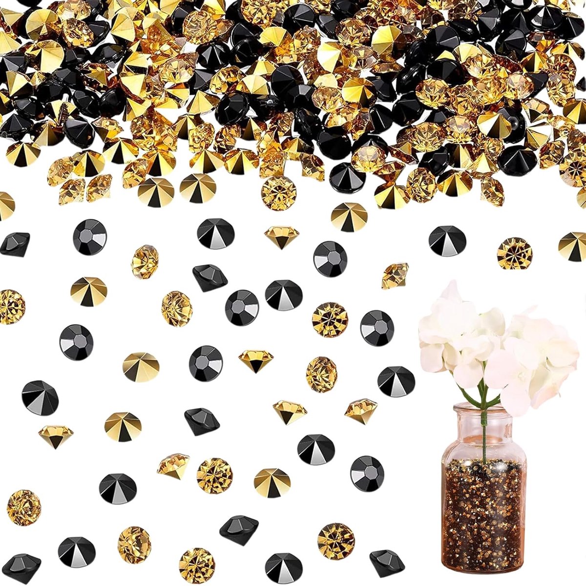 Zwarte en gouden decoratie kristallen 10000 stuks 4 mm – Acryl diamant decoratie voor DIY, bruiloft, feest en tafeldecoratie, glanzende nepdiamanten voor creatieve projecten en styling