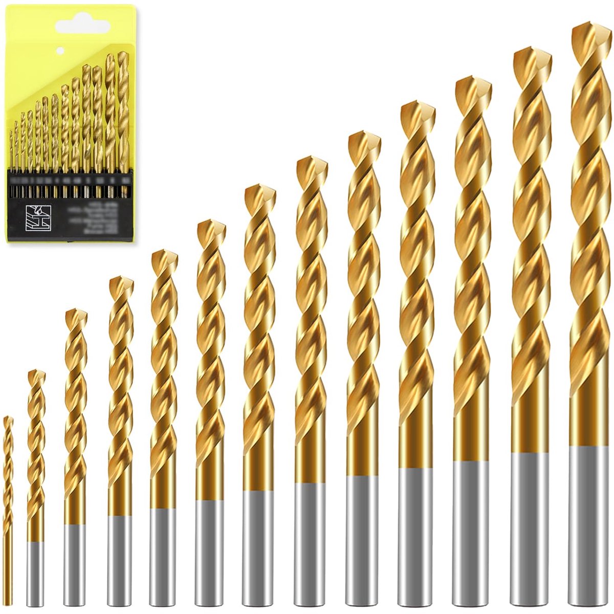14 stuks hoge snelheid staal spiraalboor set, metrische set high-speed staal, M35 kobalt titanium gecoat metalen boorgereedschap, rechte schacht 1 mm - 6,5 mm