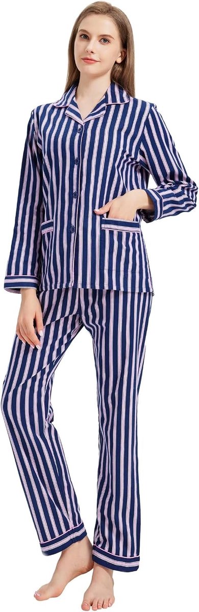 Flanellen pyjamaset met lange mouwen, dames, 100% katoenen pyjama met klassiek gekerfde kraag, jasje en broek met hoge taille