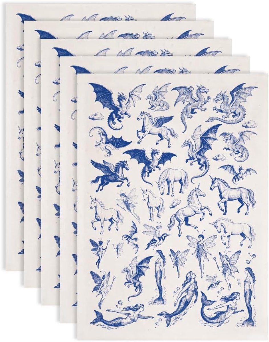 5 STKS Blauwe Keramische Transfers Decals Westerse Draken Onderglazuur Transfers voor Aardewerk DIY Stickers Water Transfer Papier voor Aardewerk Kunst Porselein Keramiek Vazen 52x37cm