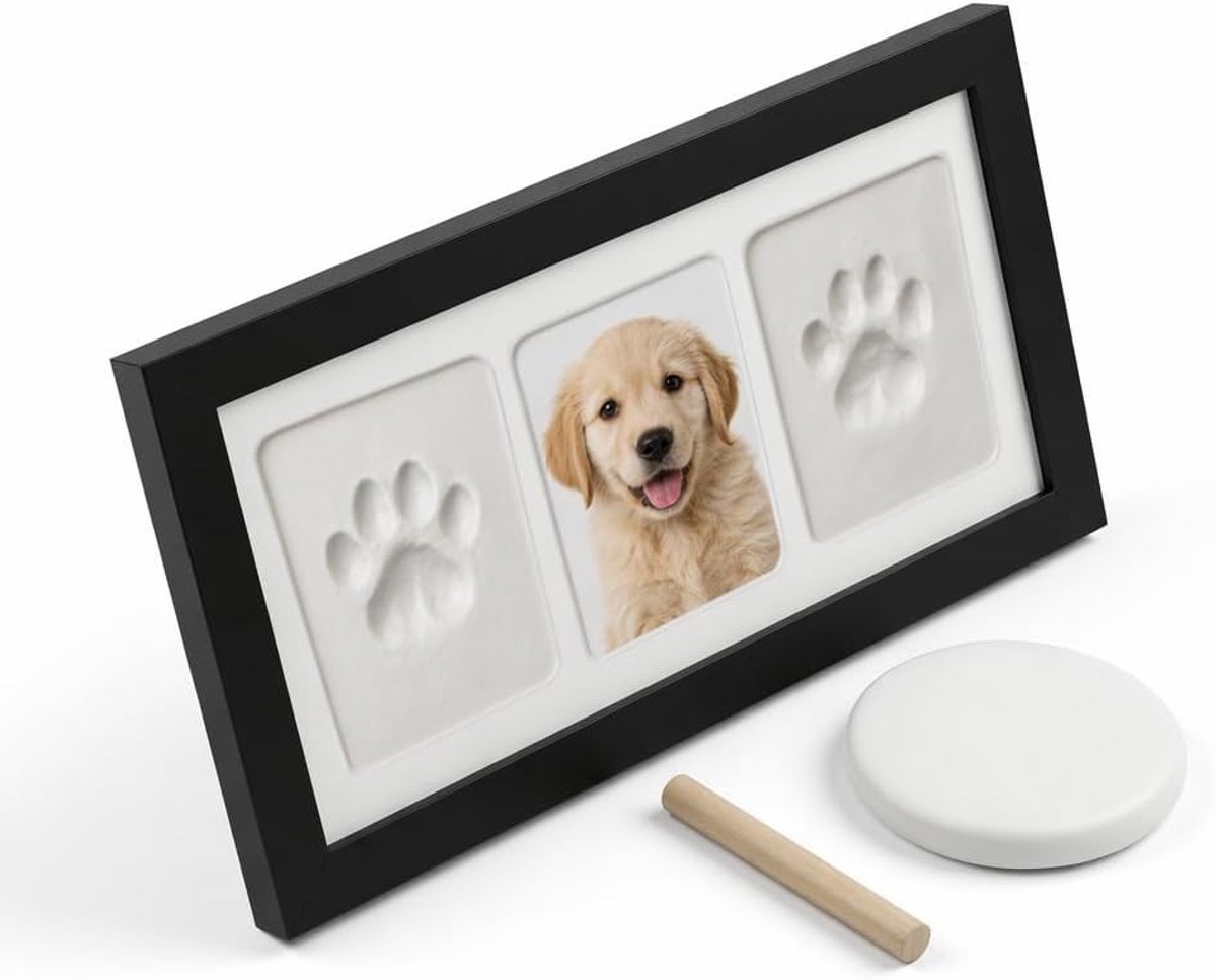Hond en kat, 3D-fotolijst zwart voor 1 foto en 2 afdrukken, handafdruk en voetafdrukset met geluid, doe-het-zelf aandenken, cadeau voor dierenliefhebbers en ouders, hang- en