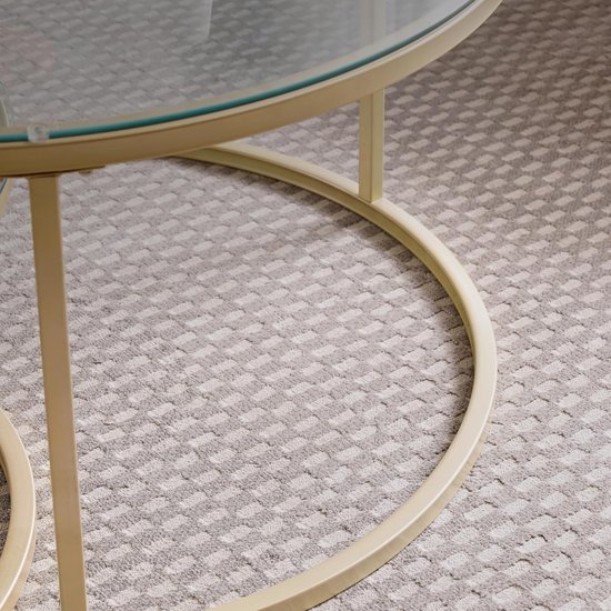 Bijzettafels in de woonkamer, kleine eettafel en bureautafel van gehard glas, groot 80 x 80 x 45 cm, klein 60 x 60 x 35 cm, goud — afbeelding 2