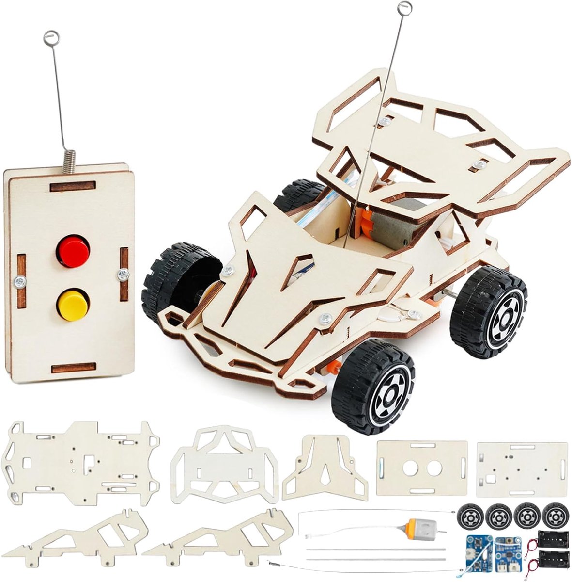 Doe-het-zelf op afstand bestuurde auto hout, op afstand bestuurd racemodel hout, houten bouwpakket voor kinderen, gemonteerd racespeelgoed, zelf bouwen, op afstand bestuurd racestodel, experimenten