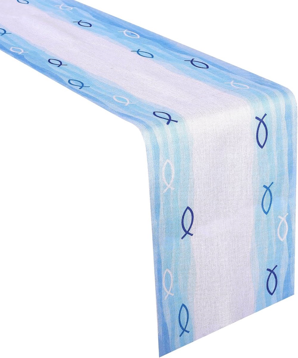 Tafelloper blauw 270 x 30 cm tafelband blauw linnenlook met vispatroon - tafeldecoratie confirmatie jongen & decoratie doop jongen, communie en vormsel, feestelijke loper
