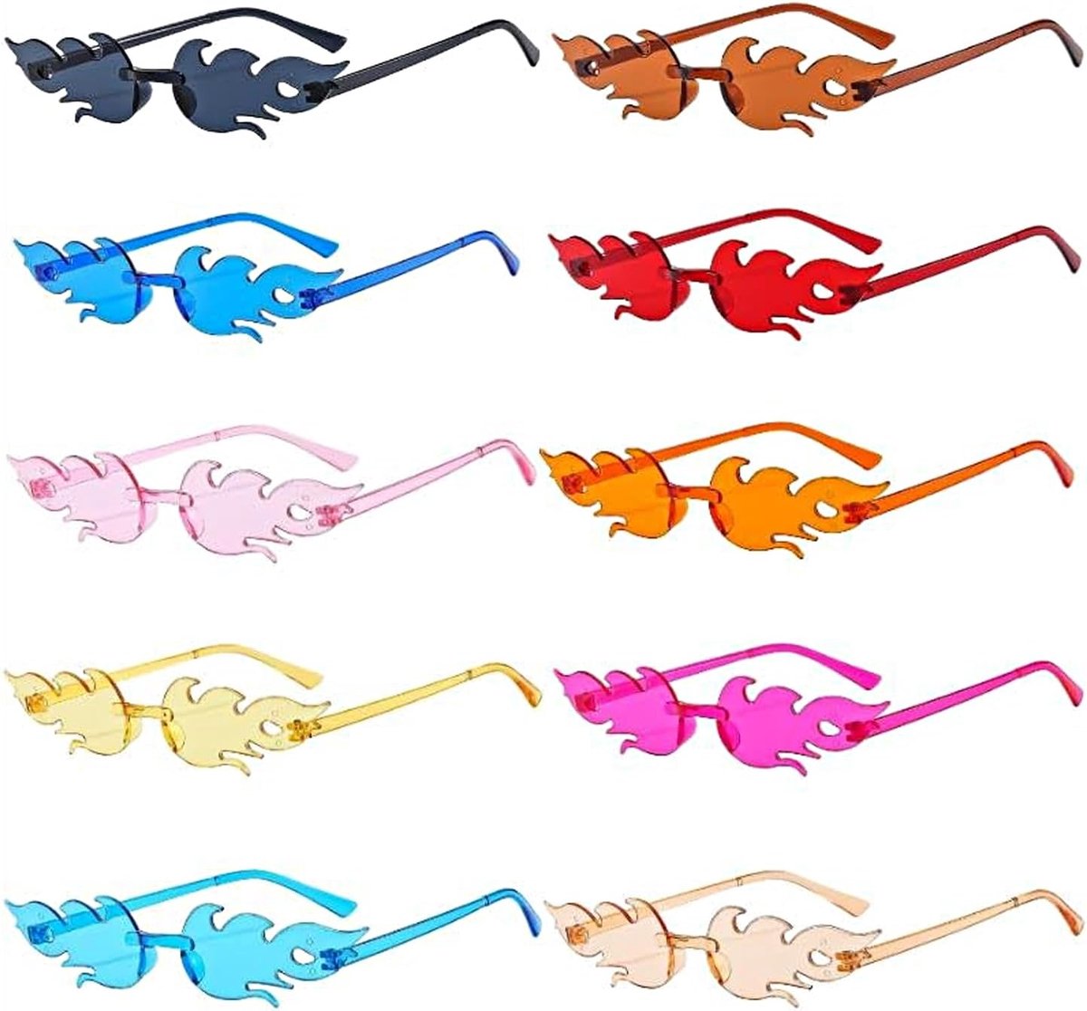 Flame Sunglasses 10 stuks vlammenzonnebril, vlammenbril randloze kleurrijke bril vlam vlam vorm zonnebril voor maskerade partij decoratie
