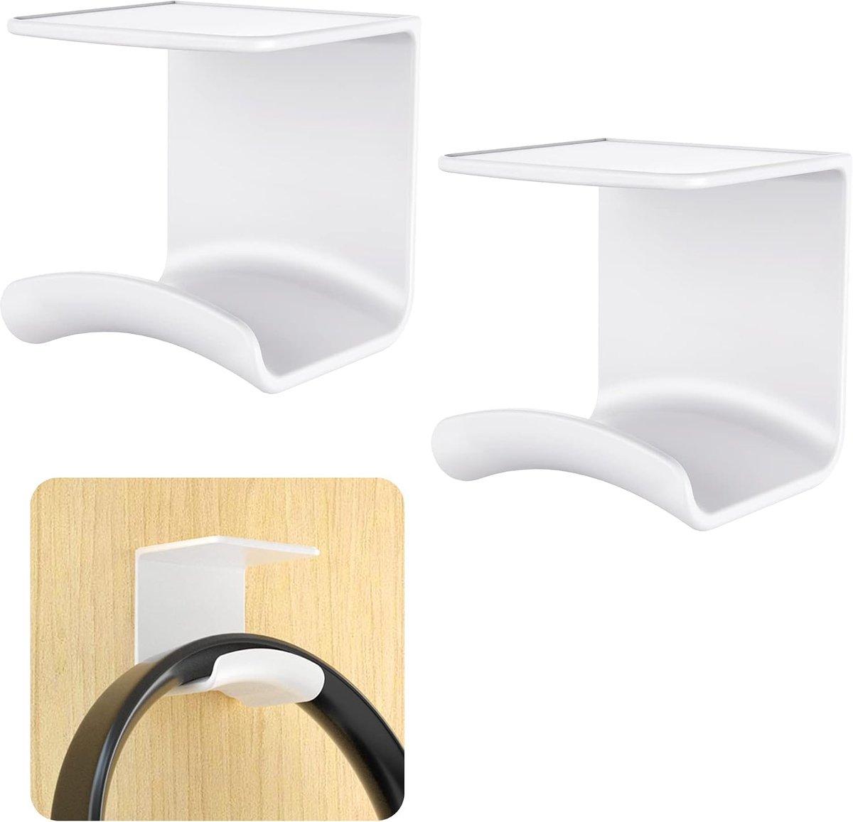 Hoofdtelefoonhouder Hanger Haak op Muur of Onder Bureau, Wit 2 Stuks | Sterke zelfklevende pads, universele headsethouder, perfect voor de meeste gaming-hoofdtelefoons tot 1 kg