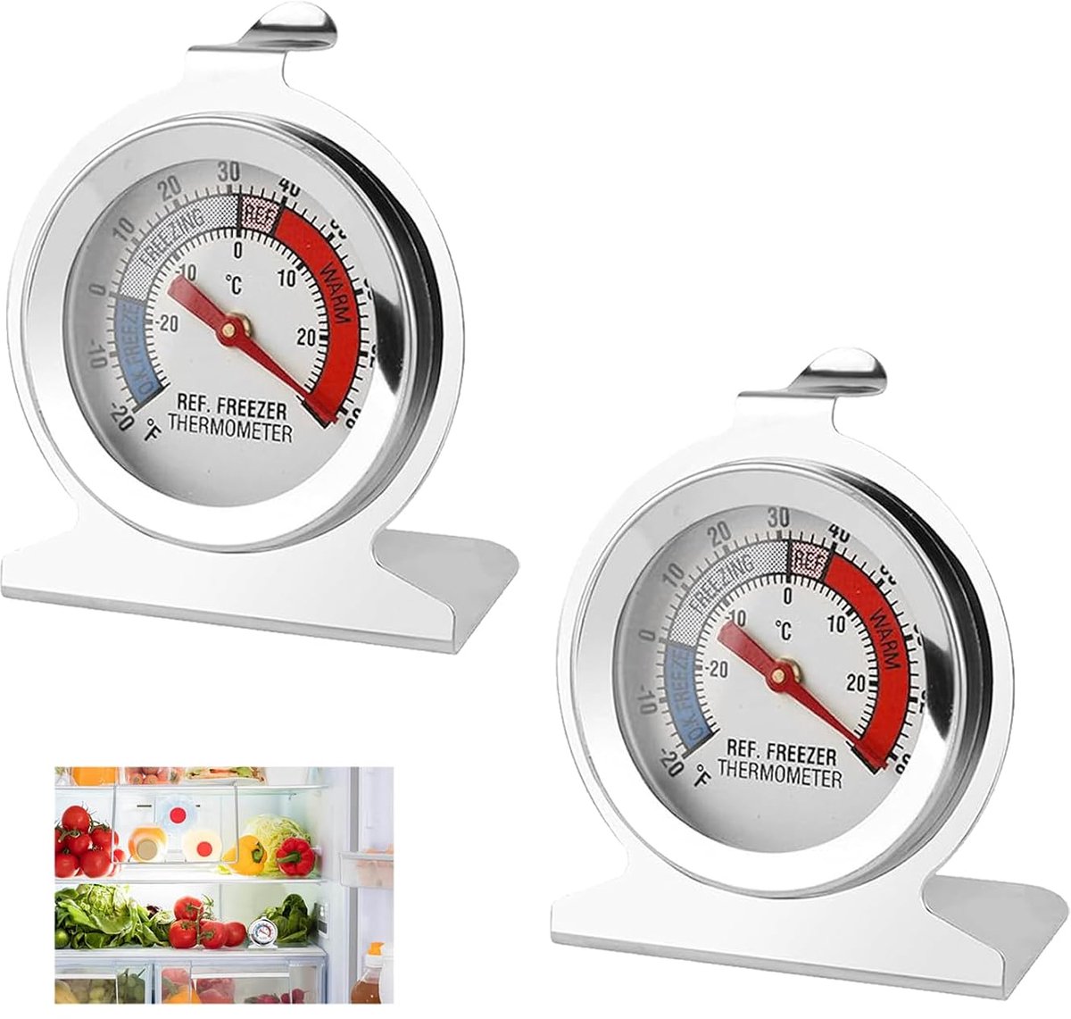 Thermometer voor koelkast, vriezer, roestvrij staal, -30 °C tot 30 °C, -20 °C tot 80 °C, grote wijzerplaat, gemakkelijk te lezen, mechanische thermometer voor koelkast, vriezer, keuken, horeca