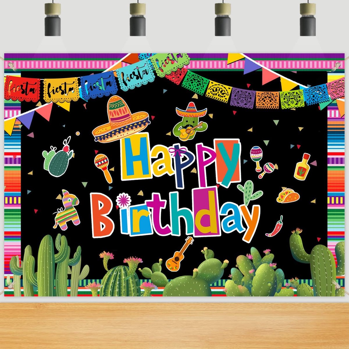 7x5ft Mexicaanse feestachtergrond, Happy Birthday, Fiesta Party achtergrond, Cinco De Mayo Carnaval Feestdecoraties, Kleurrijke Muur Achtergrond Banner Tafelkleed voor Fotocabine Studio Rekwisieten