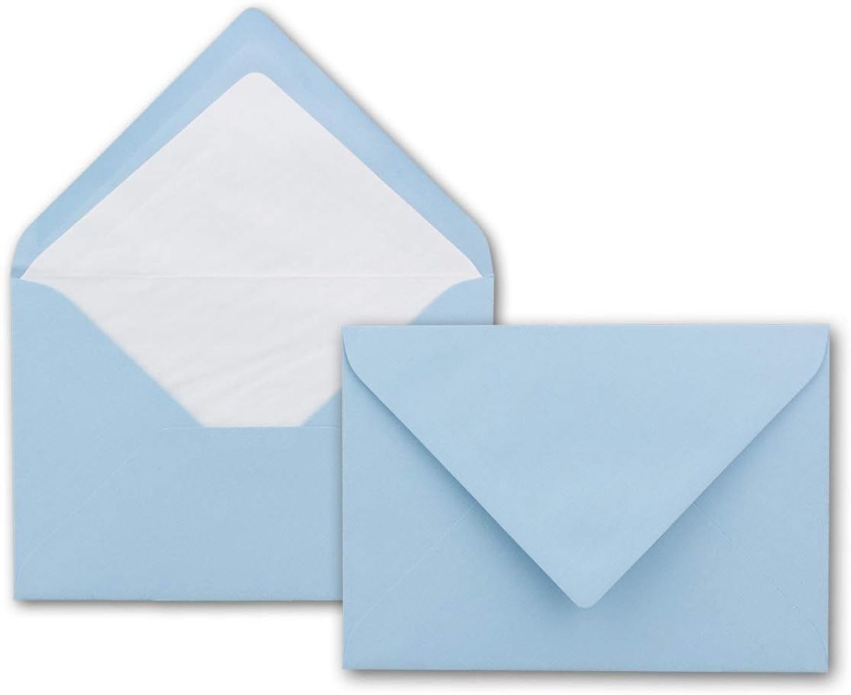 50 x enveloppen in lichtblauw, enveloppen in DIN B6, 12,5 x 17,6 cm, geribbeld papier, hoogwaardige zijdevoering voor Kerstmis en feestelijke gelegenheden