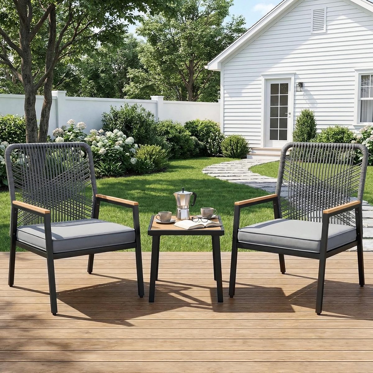 Tuinmeubelset, tuinstoel van gevlochten rieten balkonstoelen van metaal en rotan, met 8 cm dik zitkussen, stevig metalen frame en WPC-armleuning, voor terras, tuin en veranda, grijs, 3 stuks