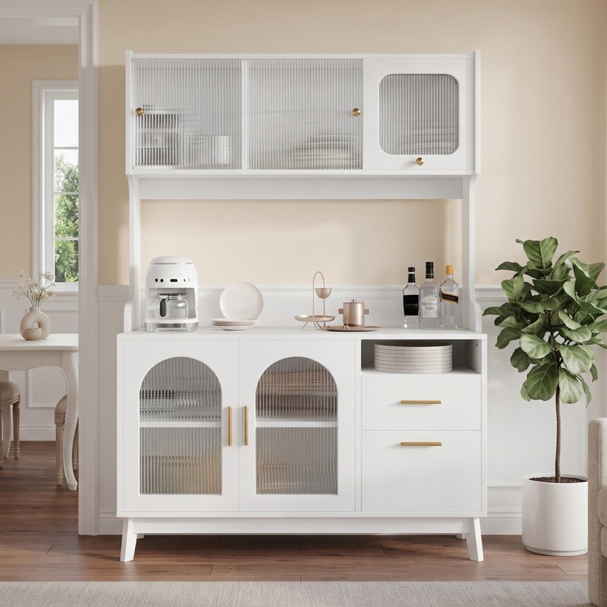 Pugsdrly Buffetkasten, hoge eetkamerkast 120*40*178 cm, opbergruimte met meerdere niveaus, geïntegreerd stopcontact en USB-C- en USB-A-aansluitingen, wit