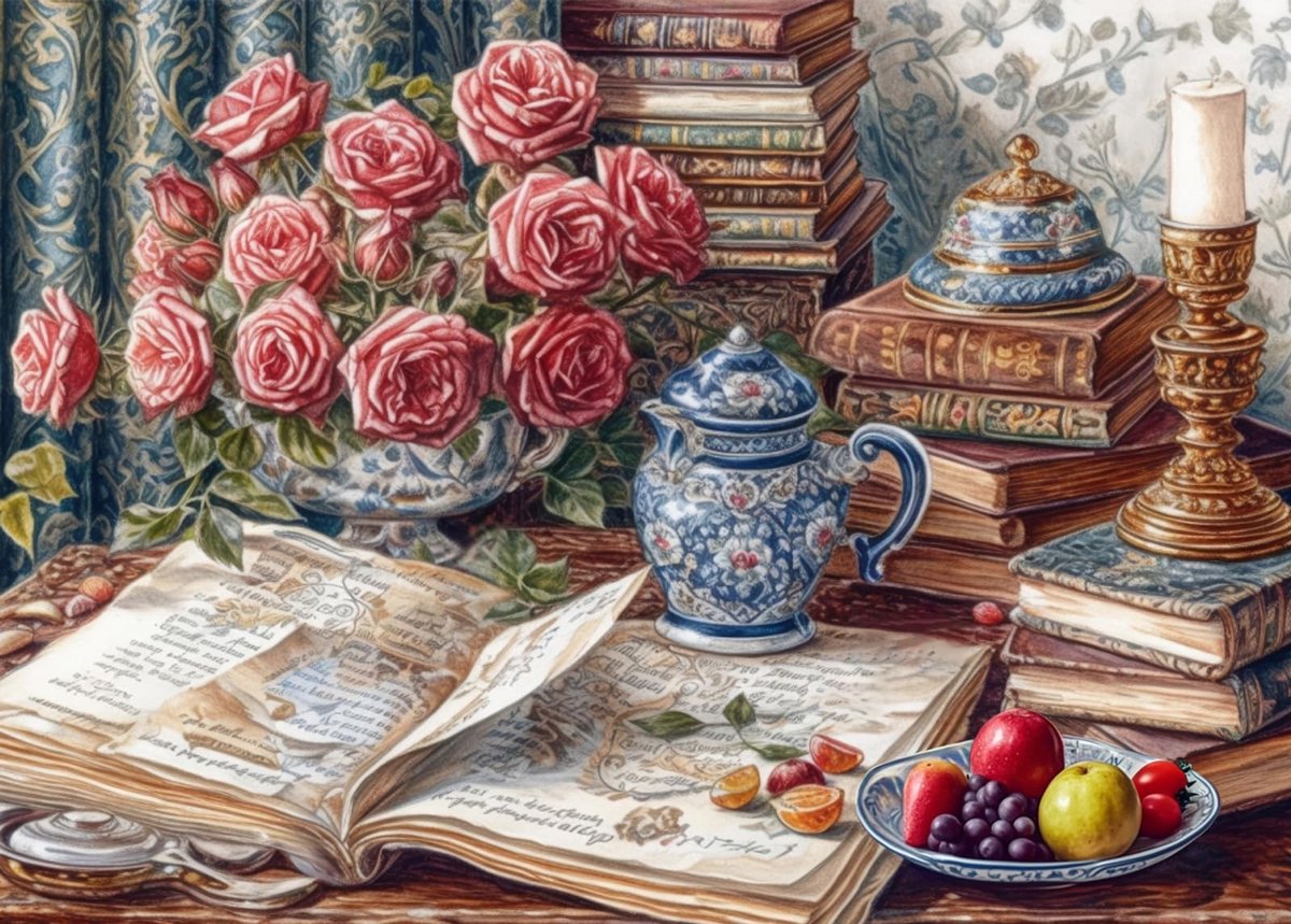 SolidKeus - 1000-Delige Puzzel van Boeken en Rozen met Poster