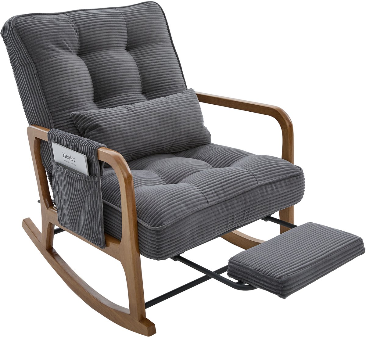 MUVANO Schommelstoel - Relaxstoel - Leesstoel - Met Voetensteun - Verstelbare Rugleuning - Lendenkussen - Babykamer - 70x80x92cm - 1 Stuk - Grijs