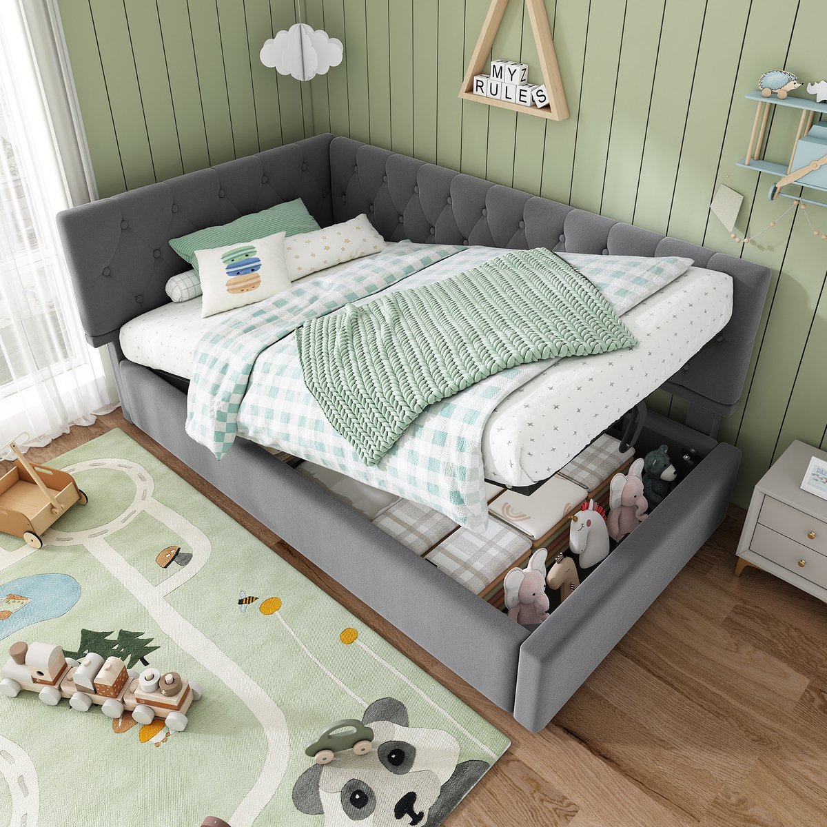 Kinderbed - voor matras 90 x 200 cm - grijs - met opbergruimte en lattenbodem - matras niet inbegrepen - voor de slaapkamer