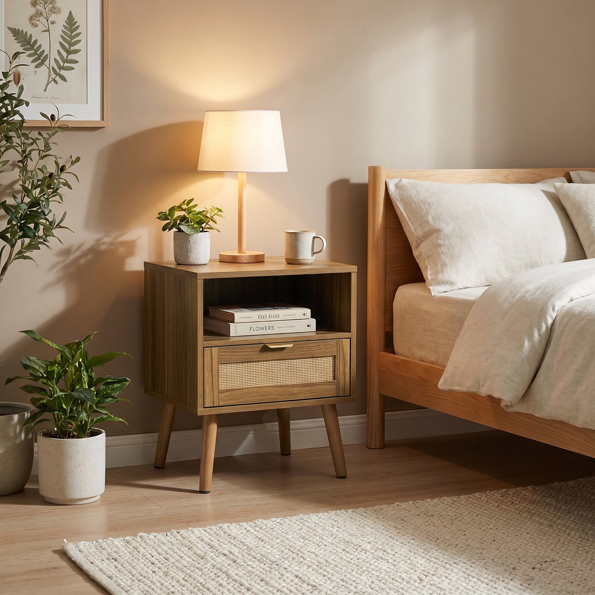 COVREO Nachtkastje 45x40x55 cm walnoot, rattan, met lade en open vak Walnut