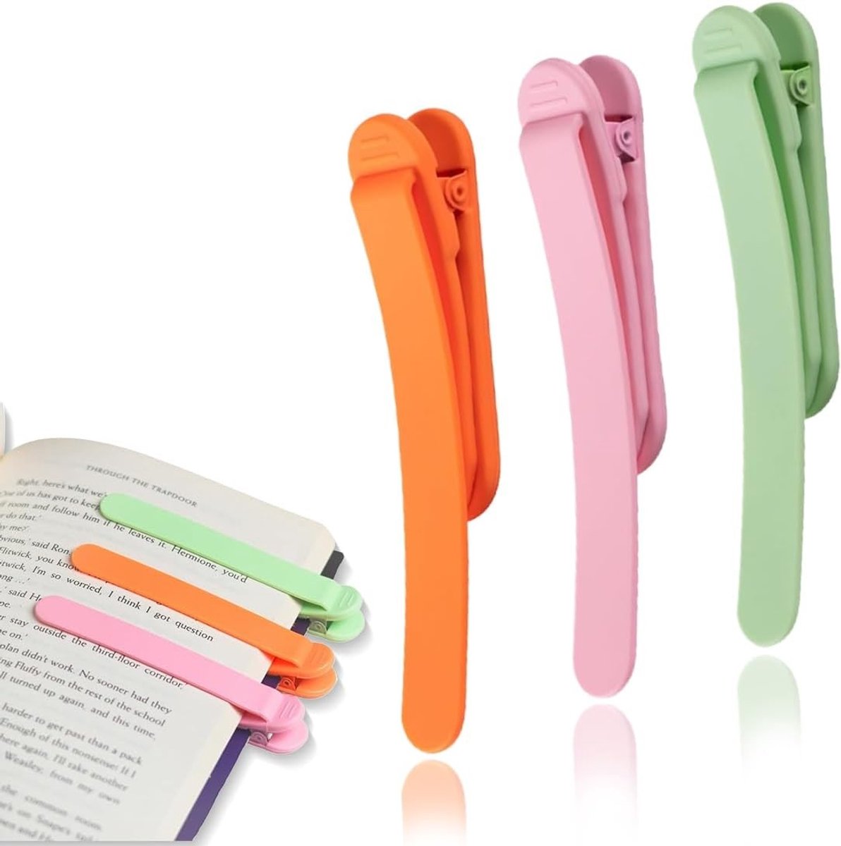 Kleurrijke Bookmark Clips - 3 Stuks Siliconen Boekenleggers voor Lezers, Onderwijzers en Studenten (Groen, Oranje en Roze)