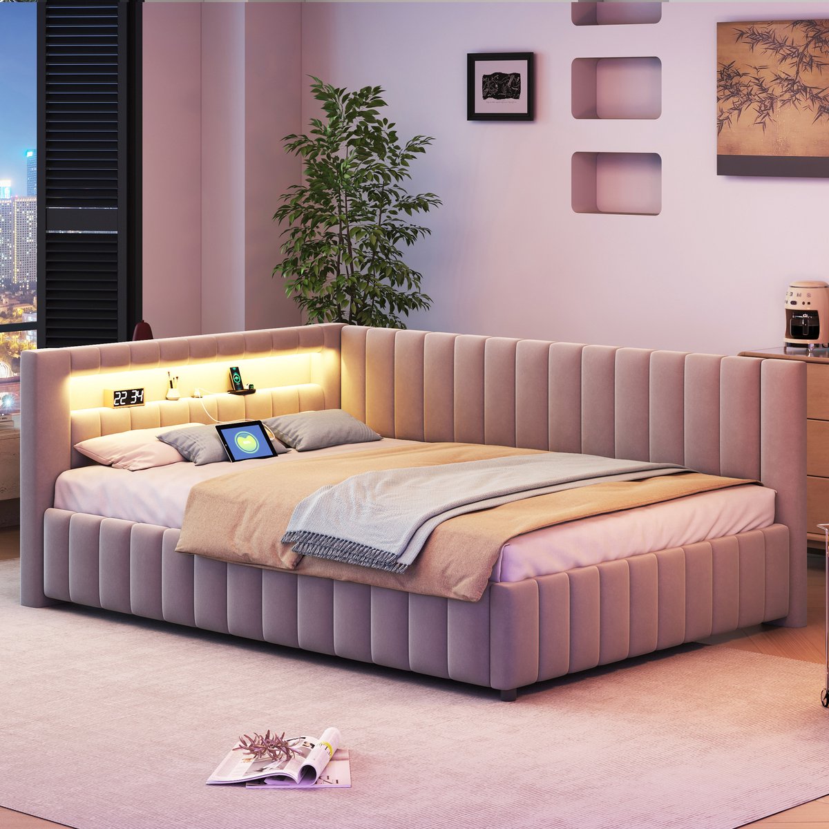 Gestoffeerd bedframe - voor matras 140 x 200 cm - grijs - met LED-verlichting en USB-aansluiting en lattenbodem - voor de slaapkamer