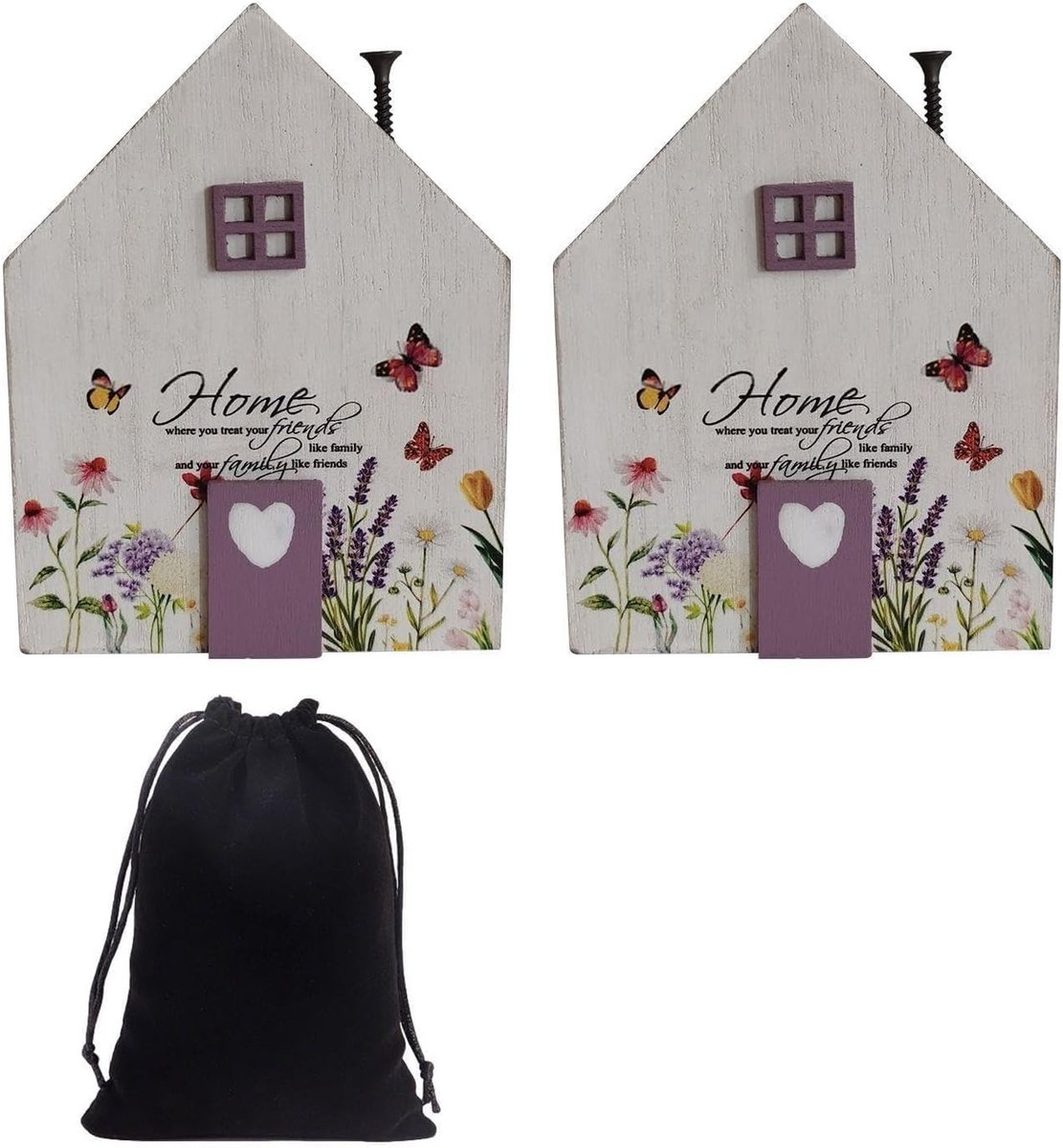 Houten huisornamenten set met wenskaart en fluwelen zakje, creatieve woondecoratie en cadeau-ideeën voor elke gelegenheid.