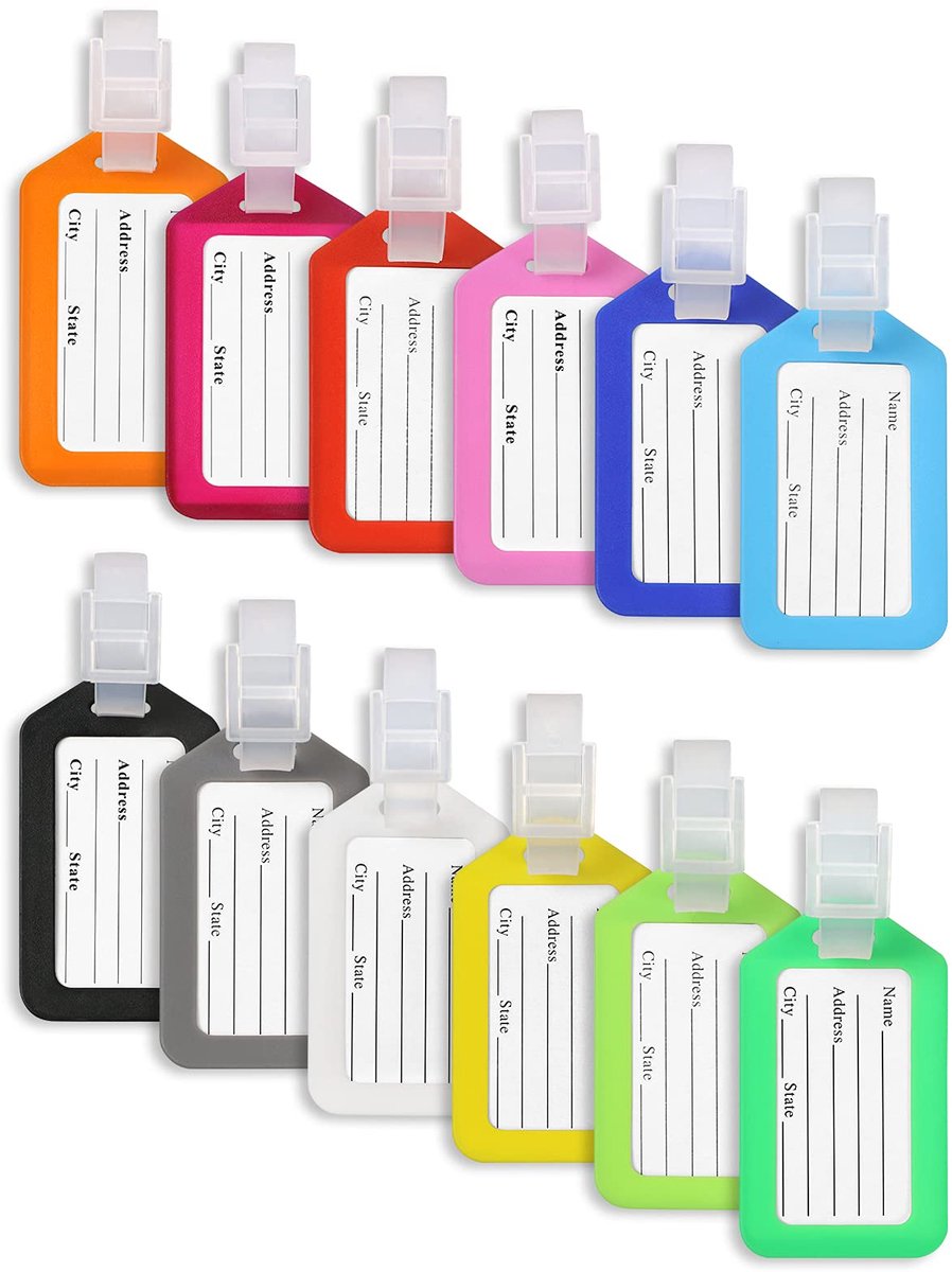 Set van 12 Kofferlabels - Bagagelabels voor Koffers, Reistassen & Handbagage - Duurzame Kunststof Naamlabels met ID Kaart - Reislabels voor Bagage, Rugzakken & Tassen
