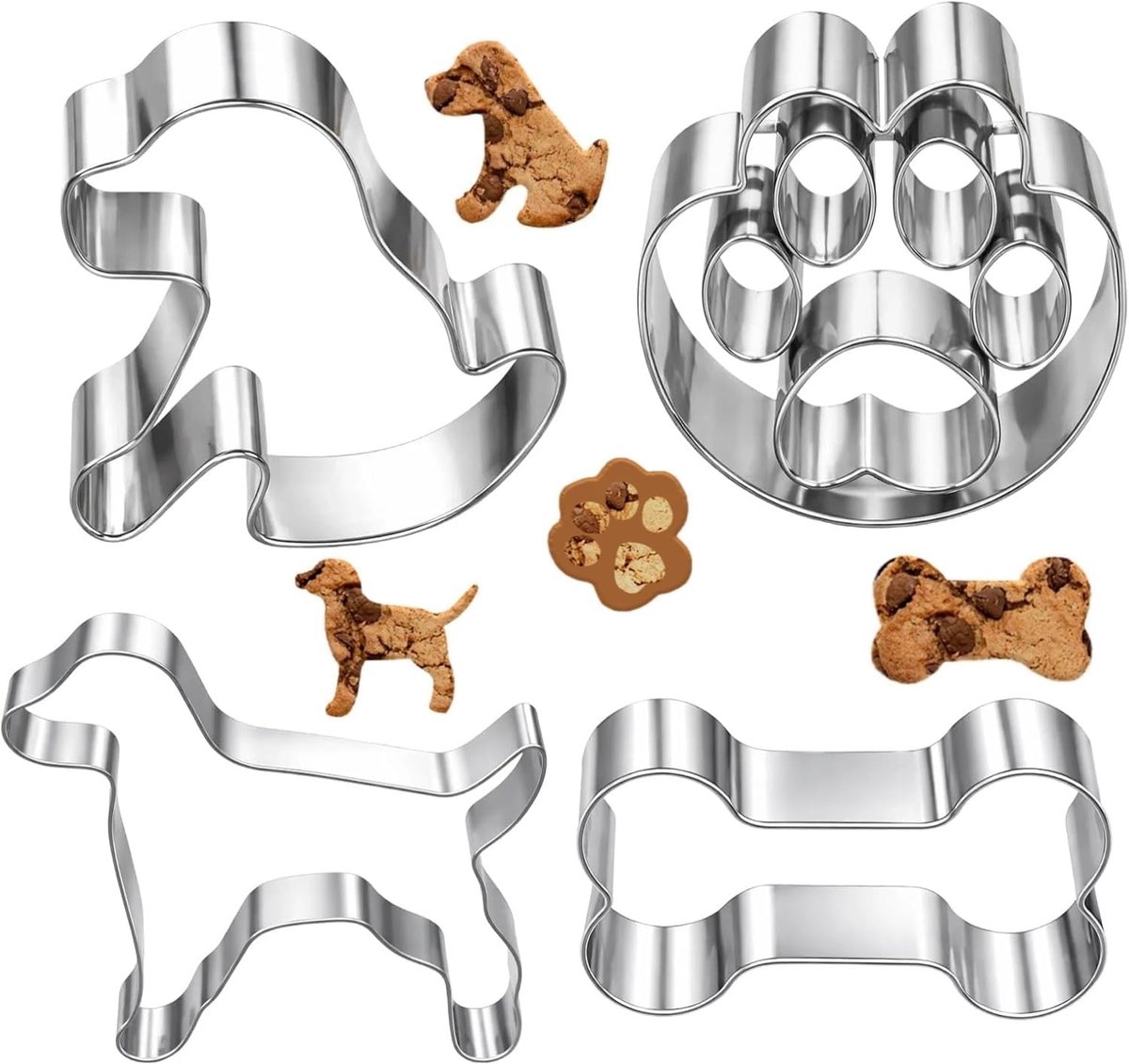 Koekjessnijders voor honden in 4 verschillende vormen, inclusief teckel en bot, perfect voor bakken en knutselen met roestvrij staal