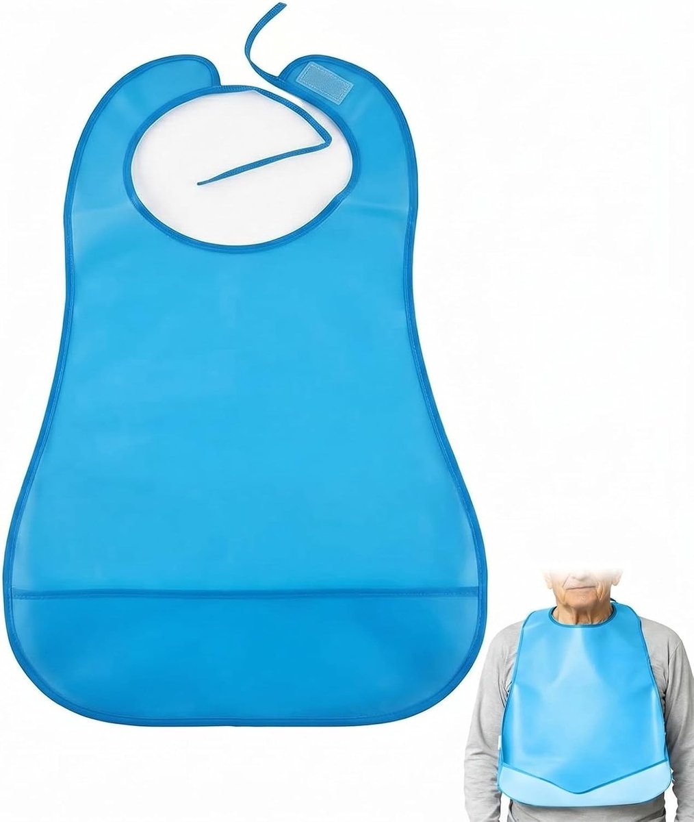 Slabbetje voor volwassenen - Beschermend schort - Veilig eten - Geïntegreerde opvangzak - 40 x 65 cm - Blauw