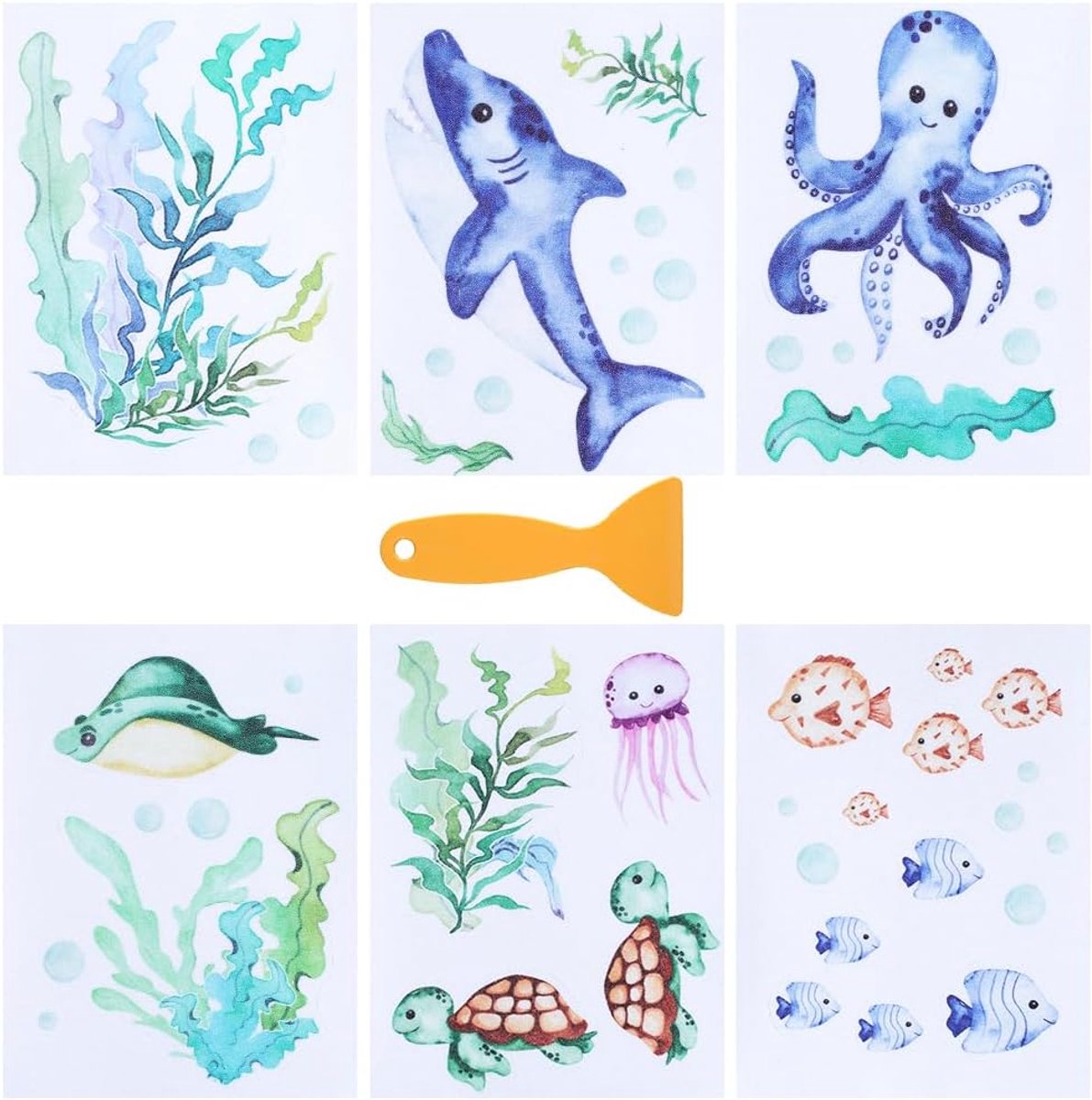 6 pagina's antislip badstickers bulk badkuip zee stickers met schraper plastic lijm cartoon oceaan dier gladde vloer sticker voor douche en bad huisdecoraties doe-het-zelf ambachten cadeau
