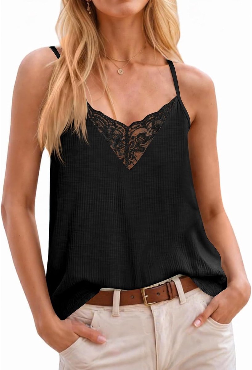 Bell Dames zomer tanktops kant geribbelde spaghettibandjes mouwloze cami shirts loose fit bovenstuk