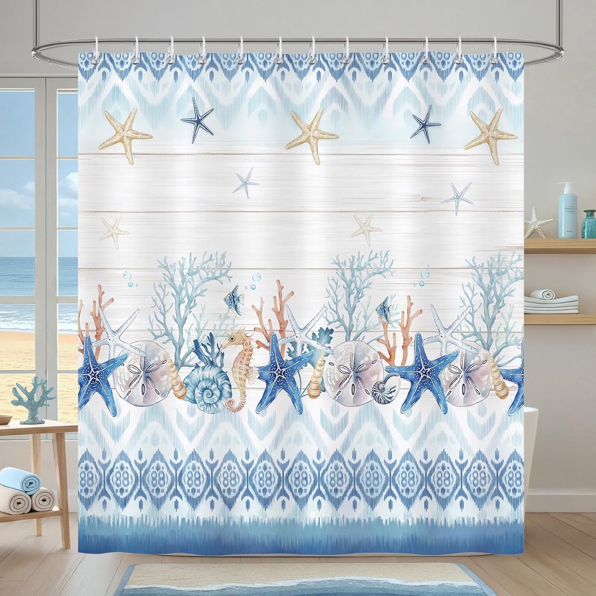 Douchegordijn, strandthema zeester koraal zeeschelp vis blauw oceaan badkamer gordijn 180 x 180 cm, waterafstotend, schimmelbestendig polyester met 12 haken