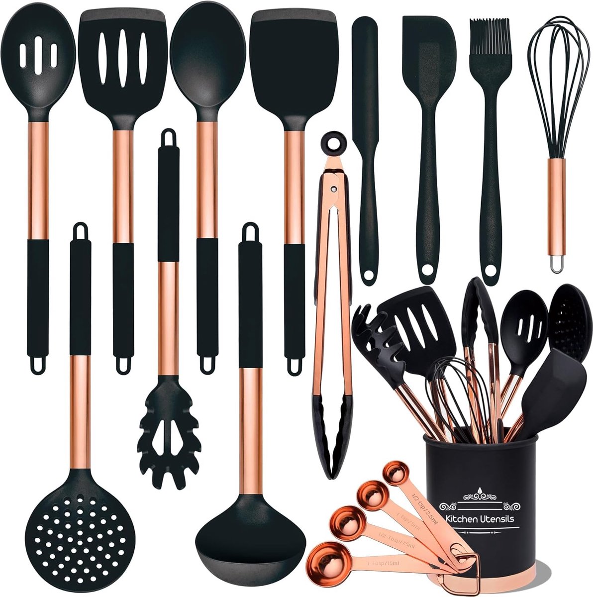 Keukengereiset, 17-delige roségouden keukenaccessoires, siliconen keukengerei set met houder, hittebestendig keukengerei met antiaanbaklaag, hittebestendig keukengerei voor het koken