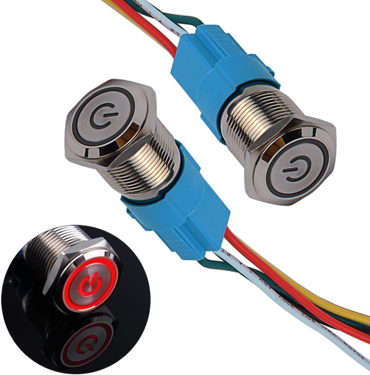 2 x 16 mm vergrendelende drukschakelaar, metaal, 12 V tot 24 V, 3 A, vastklikkende aan/uit-schakelaar met rood led-symbool, IP66, 1NO1NC, zelfborgende waterdichte voorbekabelde drukknop, knop