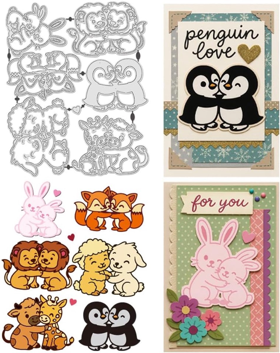 7 stuks stanssjablonen dierenomarmingen van koolstofstaal met motieven van vos, leeuw, schaap, konijn, ideaal voor papierkaarten, embossingspapier en scrapbooking