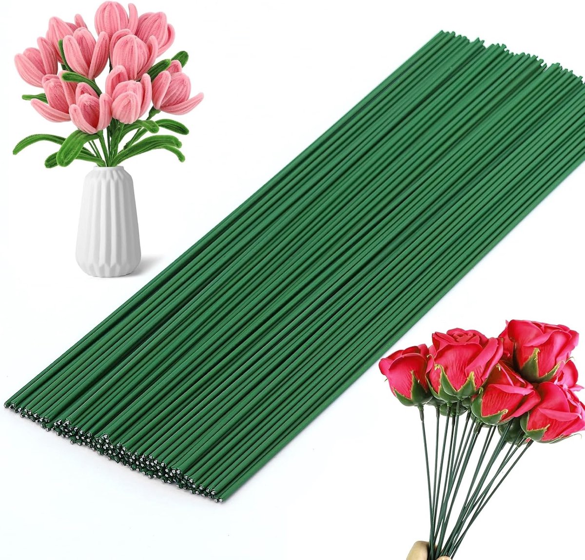 Draad, groene bloemstelen, bloemistendraad lengte 30 cm, licht en gemakkelijk te buigen steekdraad, bloemsteeldraad voor papier verpakte kransen, handwerk