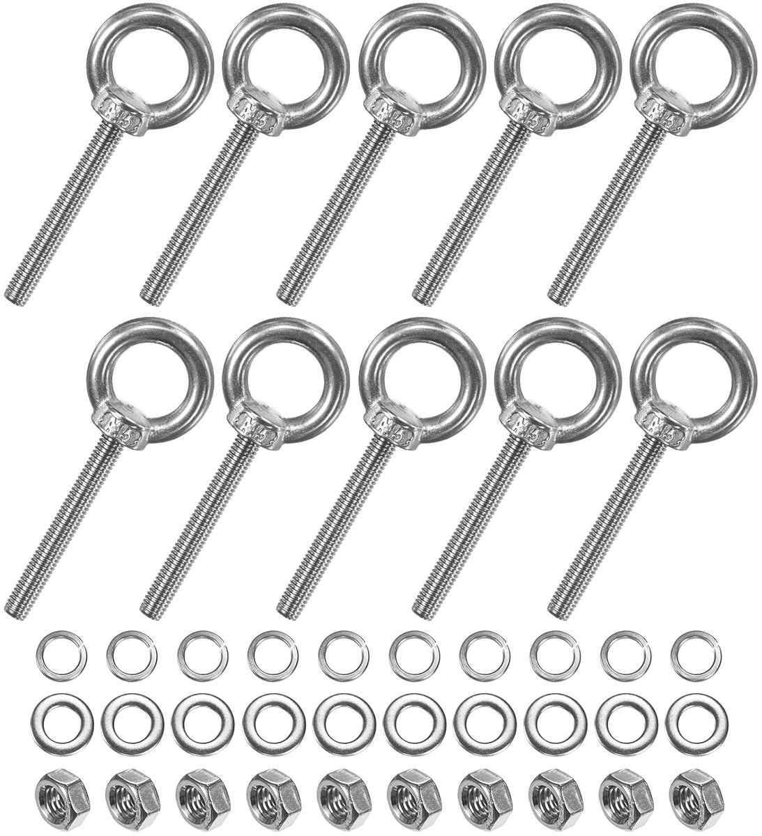 Set van 10 ogen van roestvrij staal M5 x 40 mm hefoog met schouders met moeren en schouders, lengte 4,9 cm voor ophanging/bevestiging