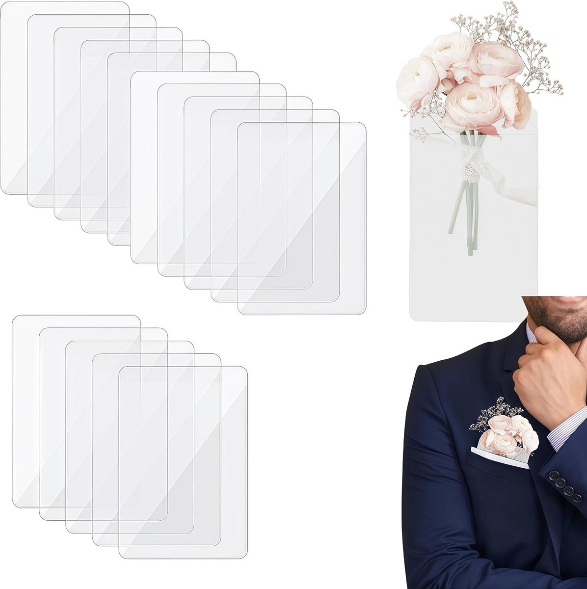 Hoes voor bruidegom, onzichtbare pochet, zonder speld transparante boutonnierkaart voor trouwgetuigen, bruiloftsaccessoires