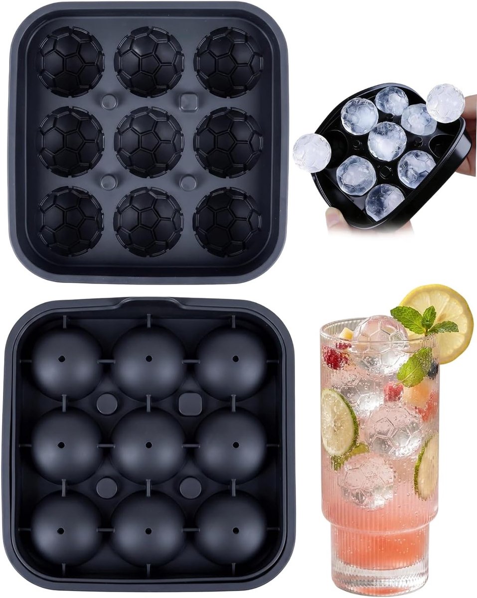 IJsblokjesvorm van siliconen in de vorm van een voetbal, 3D, 1 stuk met 9 ballen, zwart, van BPA-vrije siliconen, ijsvormen voor cocktails en whisky