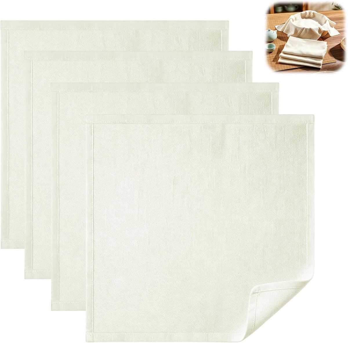 4 stuks herbruikbare filterstoffen van puur katoen, ongebleekt, 50 x 50 cm | Wasbare, herbruikbare filterdoek voor notenmelk, yoghurt, kaas en fruitshakes