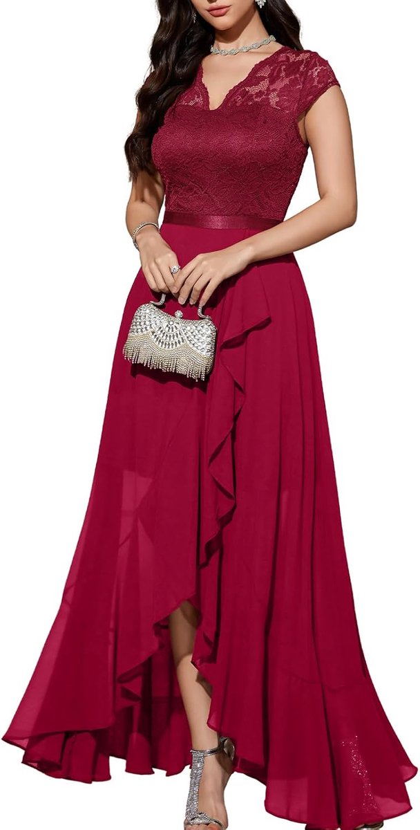 Elegante avondjurk voor bruiloften, kanten jurk, chiffon, Hi-Lo jurk, bruidsmeisjesjurk, vokuhila, feestjurk, lange baljurk, strandjurk