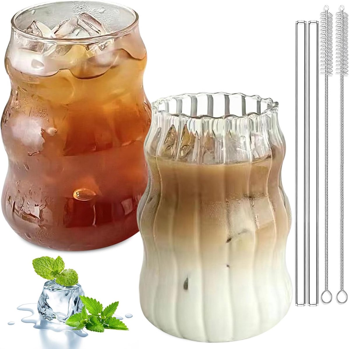 Set van 2 geribbelde drinkglazen, 530 ml, bubbelglazen met glazen rietjes, latte macchiato-glazen, cocktailglazen, ijskoffieglazen met borstels, gebruikt voor cocktail, melk, water,