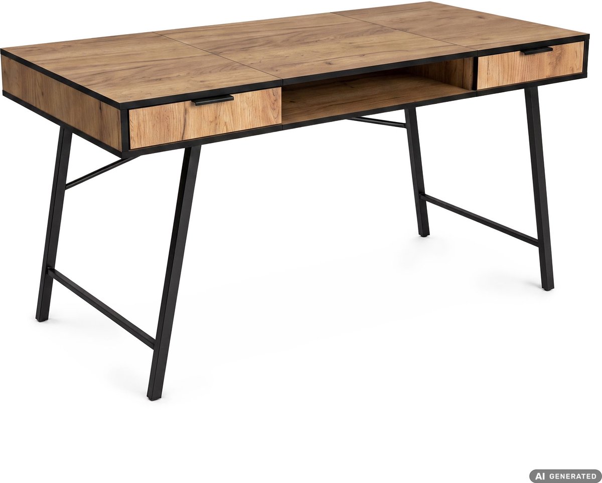 Computertafel Bureau ARDEN / Industrieel / Craft Eiken / 120 cm / 2 Lades / 1 Plank / Zwarte Poten