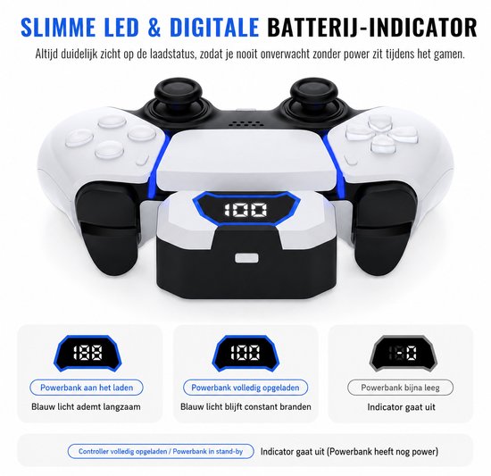 Zwarte en witte powerbank met blauwe LED's, bevestigd op een witte PS5 controller met blauwe verlichting. Drie displays tonen batterijniveau.