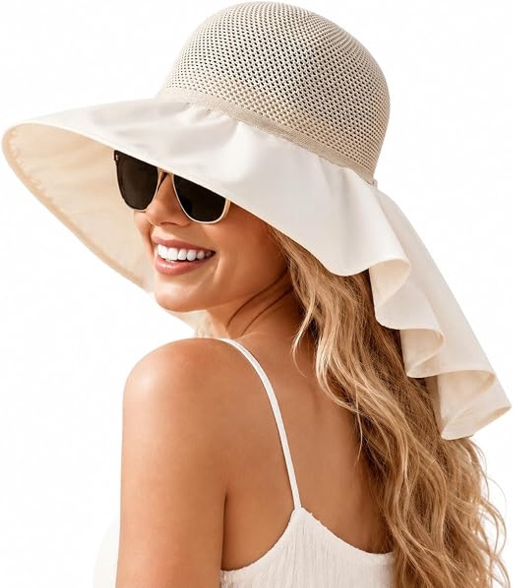 Zonnehoed - Zonnehoed dames - 2 Stuks Dames Zonnehoed met Nekbescherming – UV-Beschermende Hoed met Brede Rand en Kinband – Sneldrogende Outdoor Hoed voor Wandelen - Vissen -Tuinieren en Strand – Beige